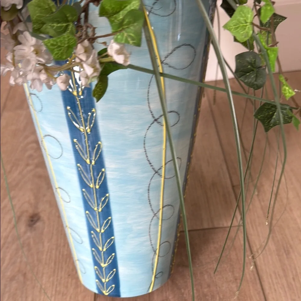 Crate and Barrel Blue Vase with floral arrangement